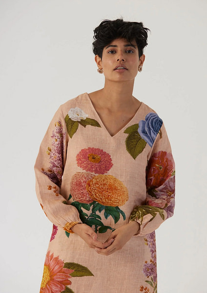 Front view of the Vintage Garden V-Neck Dress with botanical print.
