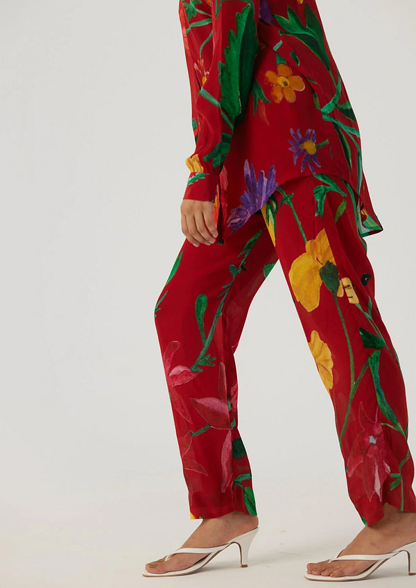 Side view of the Big Botanical Red Co-Ord Set, displaying the shirt and pant design.